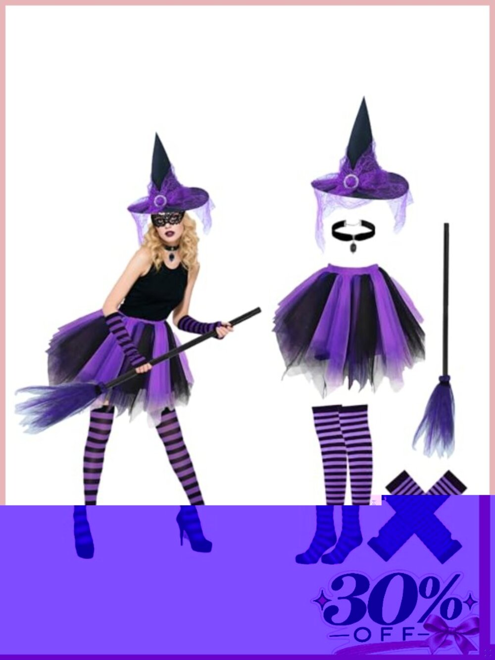 Witch Costume Set Tutu Dress Hat Broom Socks Gloves Choker Cosplay